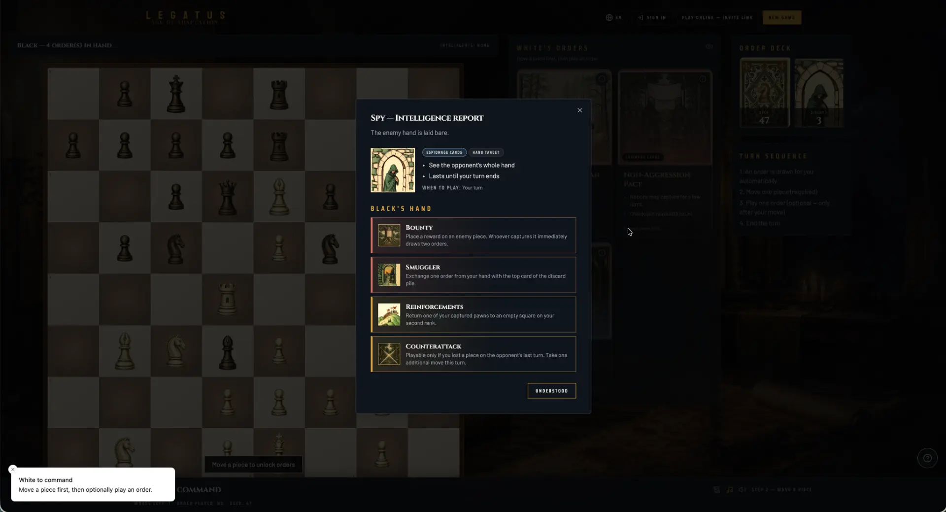 LEGATUS gameplay — the board, command orders, and field report in action