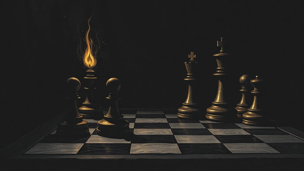 Chess board with a shuffled back rank lit by a single flame