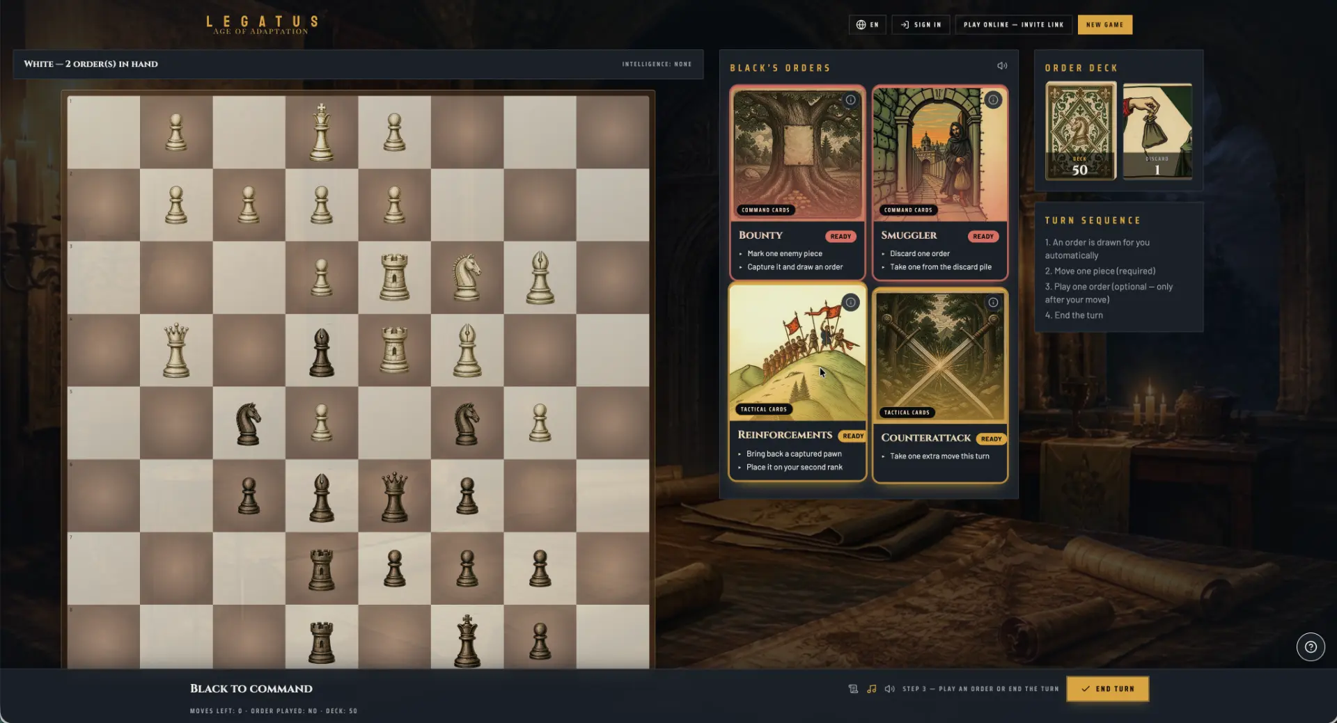 LEGATUS gameplay — the board, command orders, and field report in action