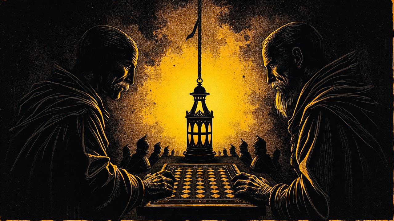 Two commanders facing each other across a lantern-lit board