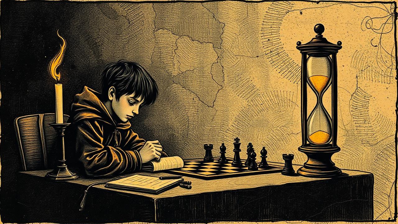 A player studying a chess position by candlelight beside an hourglass