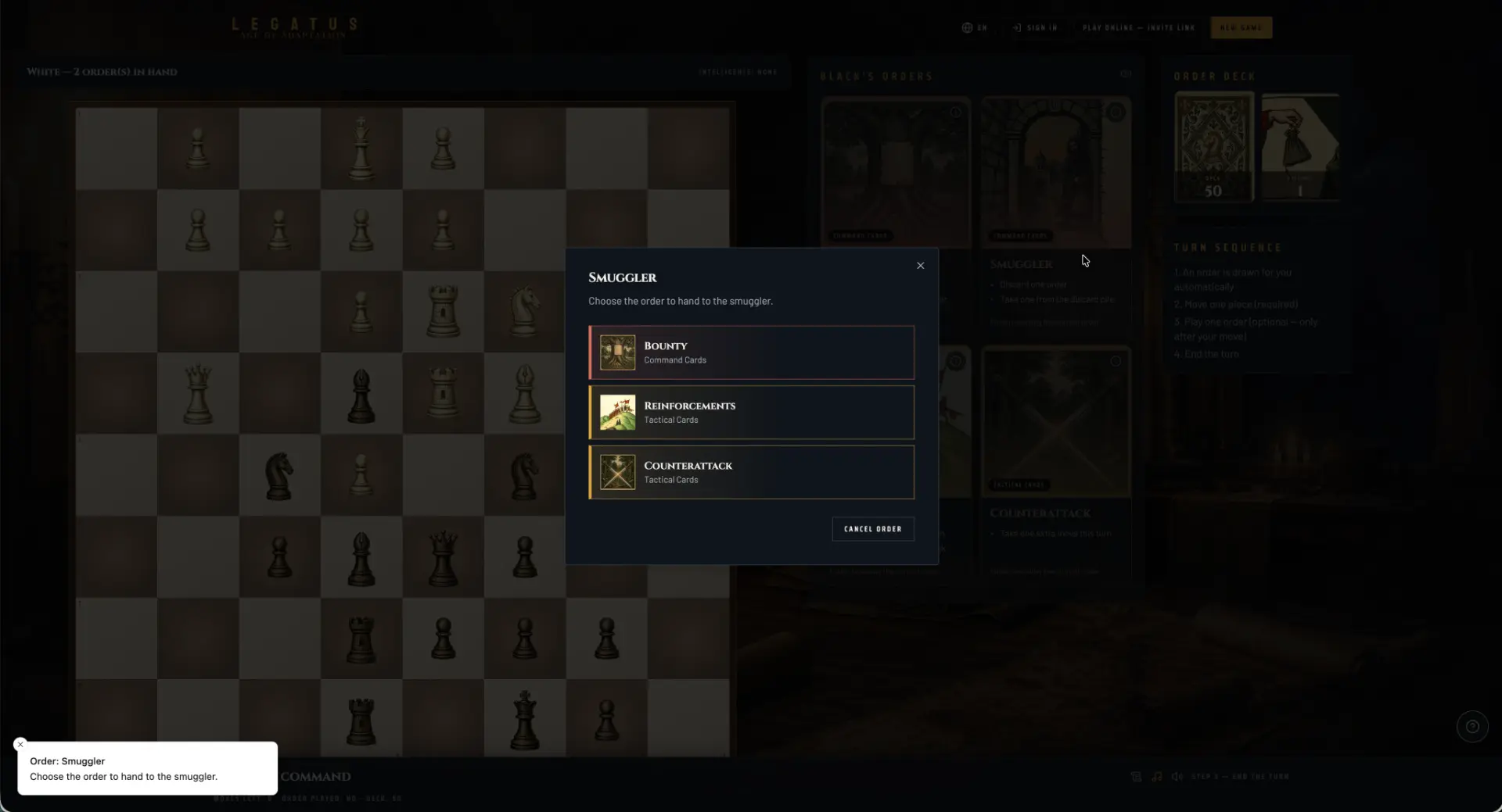 LEGATUS gameplay — the board, command orders, and field report in action