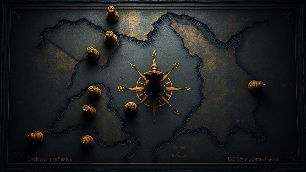 Overhead war map with carved troop markers and a chess knight