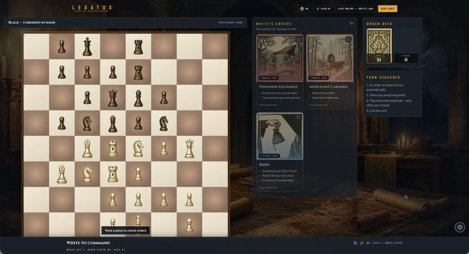 LEGATUS gameplay — the board, command orders, and field report in action